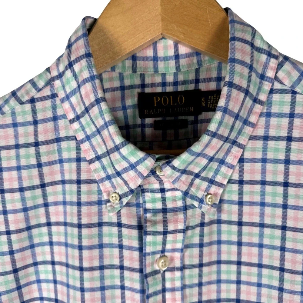 Polo Ralph Lauren Classic Fit Oxford Plaid Short Sleeve Shirt Mens XL Blue